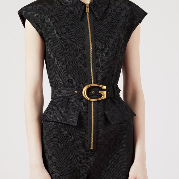 Gucci Black Monogram Jacquard Faille Jumpsuit with Belt - Picture 3 of 14